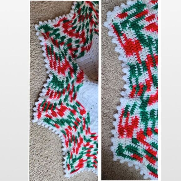 Vintage Christmas Tree Skirt Hand Crochet Snowflake Red Green White Grandma 70s - Picture 15 of 16